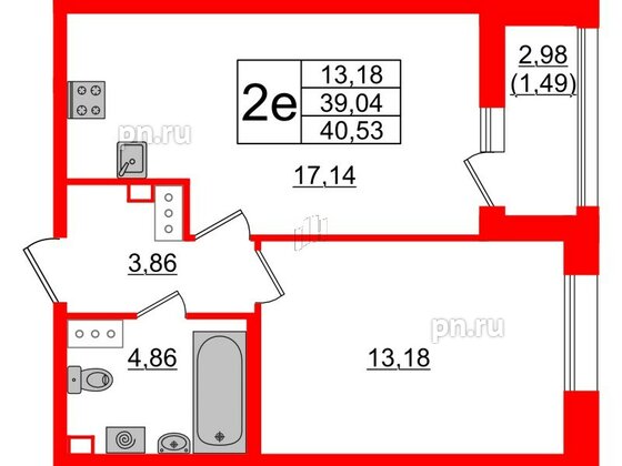 Квартира в ЖК Аквилон Leaves, 1 комнатная, 40.53 м², 3 этаж