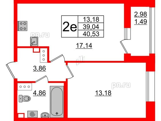 Квартира в ЖК Аквилон Leaves, 1 комнатная, 40.53 м², 9 этаж