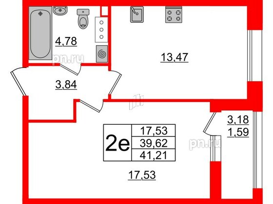 Квартира в ЖК Аквилон Leaves, 1 комнатная, 41.14 м², 9 этаж