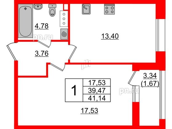 Квартира в ЖК Аквилон Leaves, 1 комнатная, 41.14 м², 12 этаж