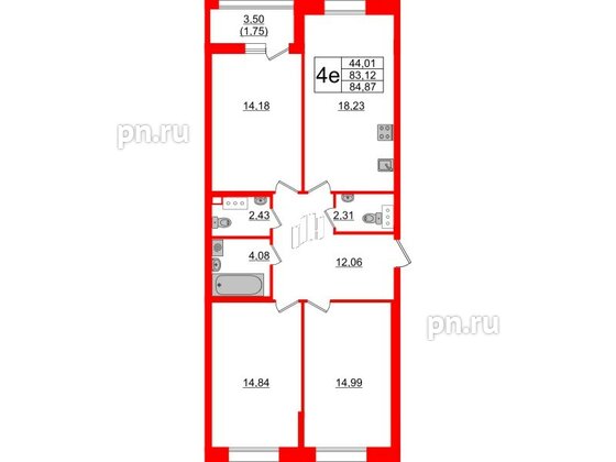 Квартира в ЖК Аквилон Leaves, 3 комнатная, 84.87 м², 3 этаж