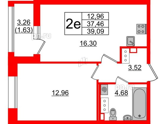 Квартира в ЖК Аквилон Leaves, 1 комнатная, 39.09 м², 12 этаж