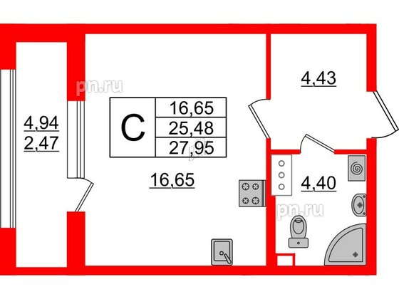 Квартира в ЖК Аквилон Leaves, студия, 27.88 м², 3 этаж