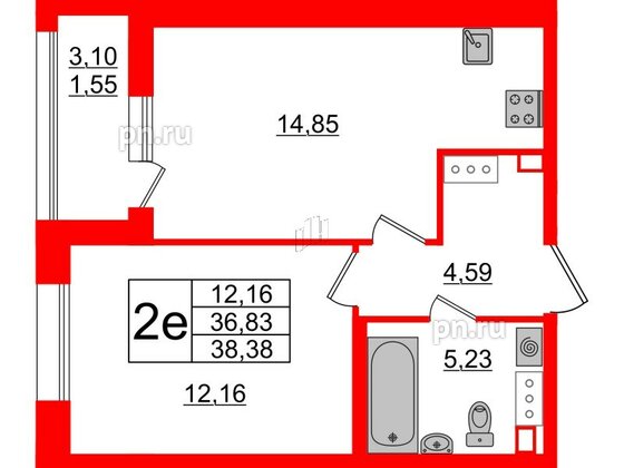 Квартира в ЖК Аквилон Leaves, 1 комнатная, 38.38 м², 6 этаж