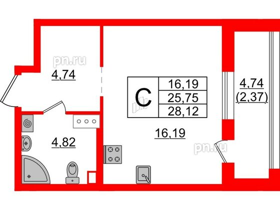 Квартира в ЖК Аквилон Leaves, студия, 28.12 м², 6 этаж