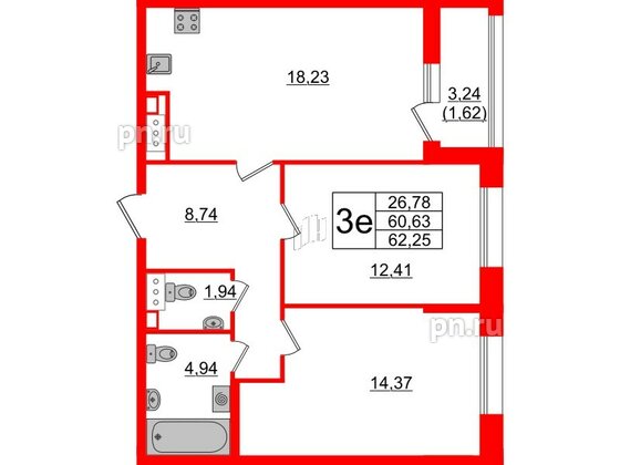 Квартира в ЖК Аквилон Leaves, 2 комнатная, 62.25 м², 12 этаж