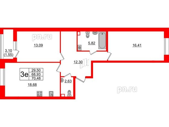 Квартира в ЖК Аквилон Leaves, 2 комнатная, 70.48 м², 2 этаж