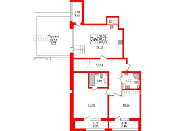 Квартира в ЖК Аквилон Leaves, 2 комнатная, 101.89 м², 8 этаж