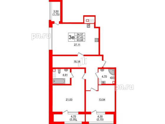 Квартира в ЖК Аквилон Leaves, 2 комнатная, 93.68 м², 9 этаж