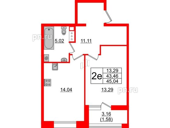 Квартира в ЖК Аквилон Leaves, 1 комнатная, 45.04 м², 7 этаж
