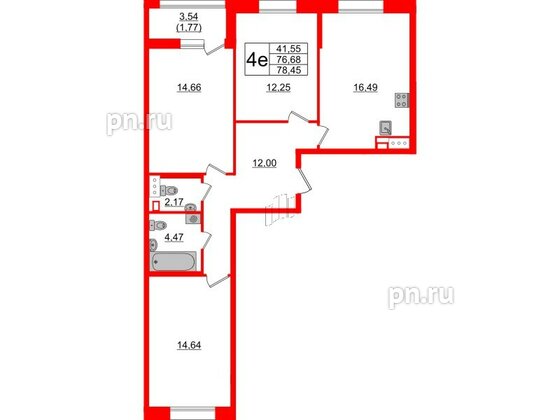 Квартира в ЖК Аквилон Leaves, 3 комнатная, 78.45 м², 3 этаж