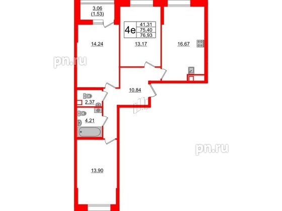 Квартира в ЖК Аквилон Leaves, 3 комнатная, 76.93 м², 1 этаж