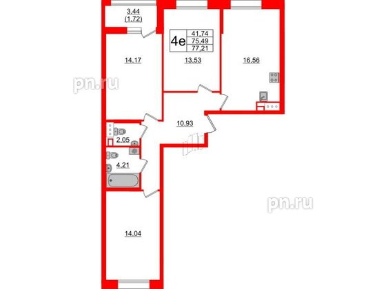 Квартира в ЖК Аквилон Leaves, 3 комнатная, 77.21 м², 2 этаж