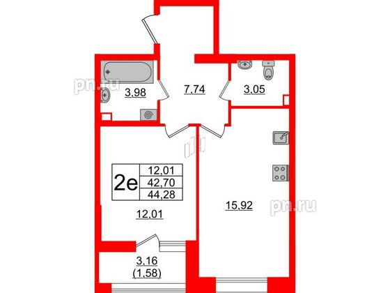 Квартира в ЖК Аквилон Leaves, 1 комнатная, 44.28 м², 1 этаж