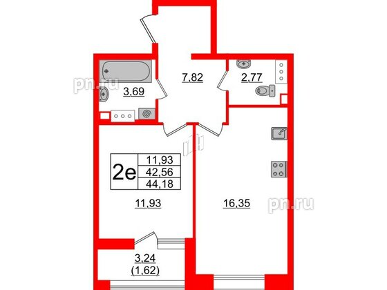 Квартира в ЖК Аквилон Leaves, 1 комнатная, 44.18 м², 6 этаж