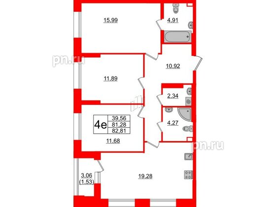 Квартира в ЖК Аквилон Leaves, 3 комнатная, 82.81 м², 1 этаж