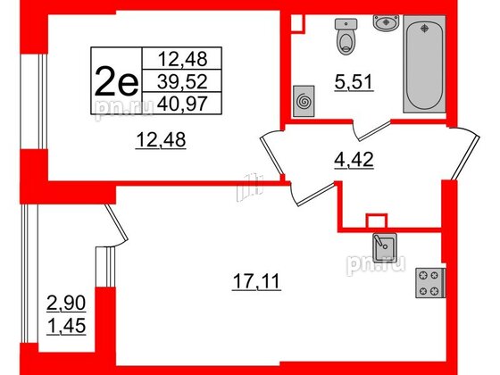 Квартира в ЖК Аквилон Leaves, 1 комнатная, 40.97 м², 1 этаж