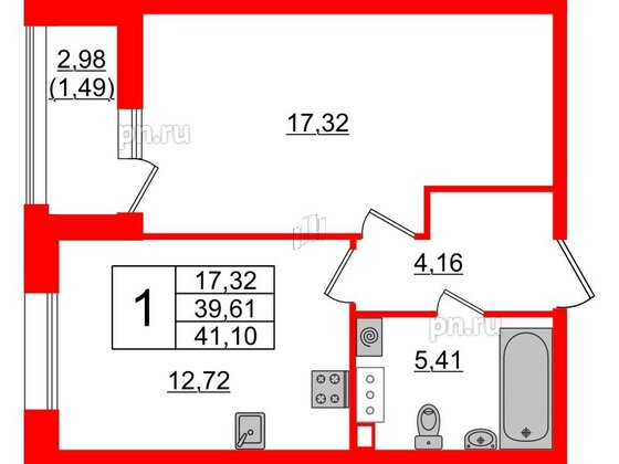 Квартира в ЖК Аквилон Leaves, 1 комнатная, 41.1 м², 11 этаж