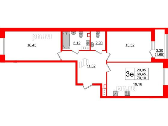 Квартира в ЖК Аквилон Leaves, 2 комнатная, 70.1 м², 3 этаж