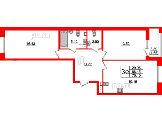 Квартира в ЖК Аквилон Leaves, 2 комнатная, 70.1 м², 12 этаж