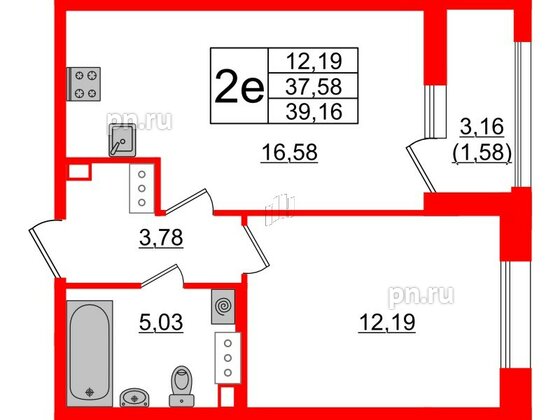 Квартира в ЖК Аквилон Leaves, 1 комнатная, 39.16 м², 12 этаж