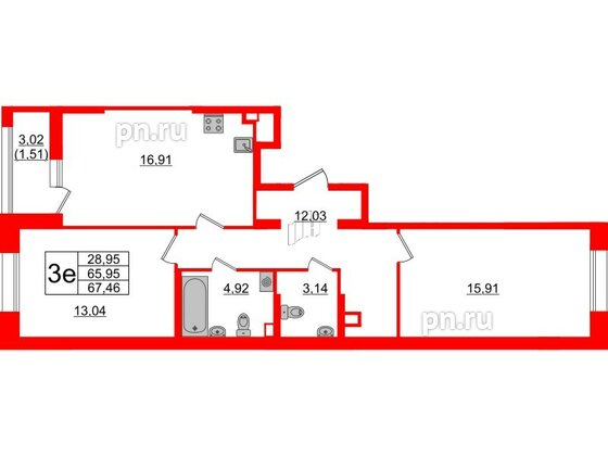 Квартира в ЖК Аквилон Leaves, 2 комнатная, 67.46 м², 1 этаж