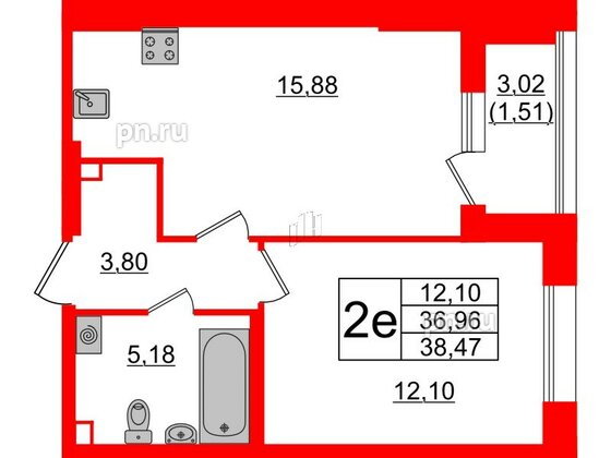Квартира в ЖК Аквилон Leaves, 1 комнатная, 38.47 м², 1 этаж