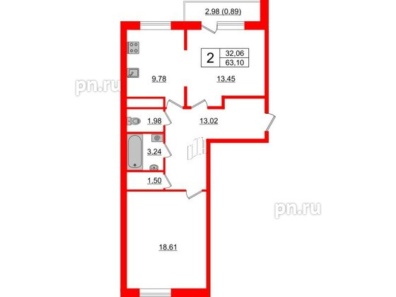 Квартира в ЖК Новокасимово, 2 комнатная, 63.1 м², 1 этаж