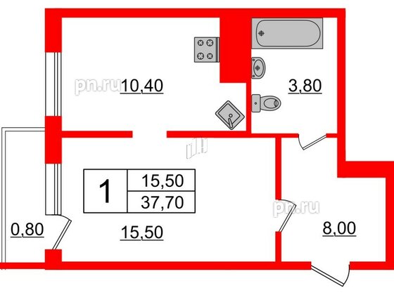 Квартира в ЖК Новокасимово, 1 комнатная, 37.7 м², 3 этаж