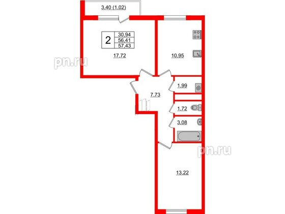 Квартира в ЖК Новокасимово, 2 комнатная, 56.9 м², 1 этаж