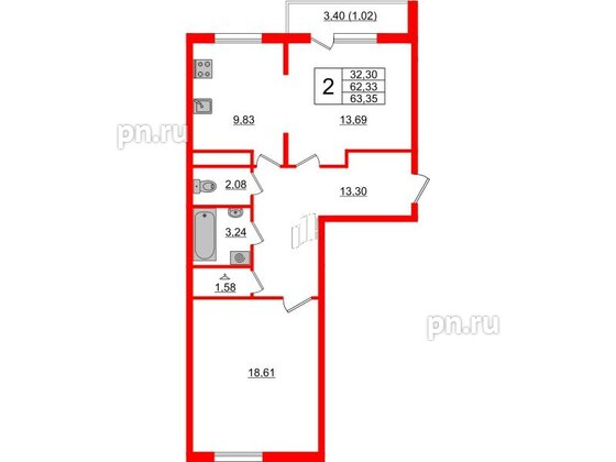 Квартира в ЖК Новокасимово, 2 комнатная, 63.1 м², 1 этаж