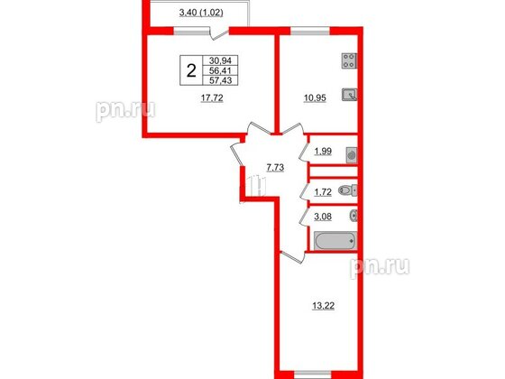 Квартира в ЖК Новокасимово, 2 комнатная, 57.2 м², 2 этаж