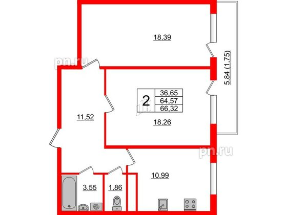 Квартира в ЖК Новокасимово, 2 комнатная, 65.8 м², 2 этаж