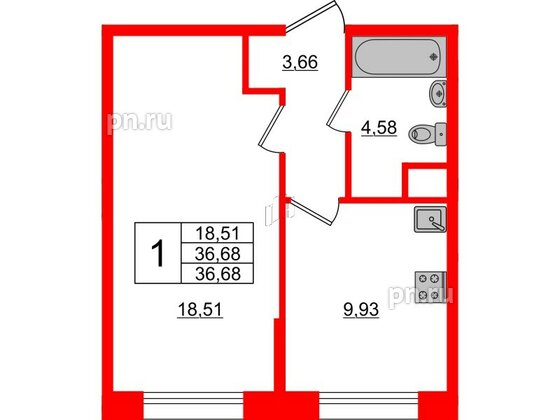 Квартира в ЖК UP-квартал Новый Московский, 1 комнатная, 36.68 м², 2 этаж