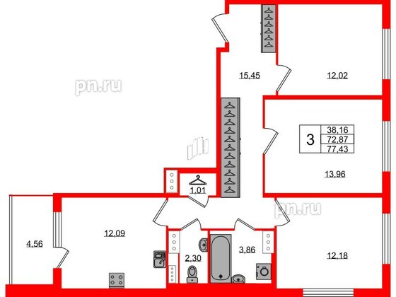 Квартира в ЖК Югтаун, 3 комнатная, 72.87 м², 4 этаж