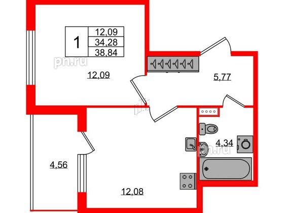 Квартира в ЖК Югтаун, 1 комнатная, 34.28 м², 1 этаж