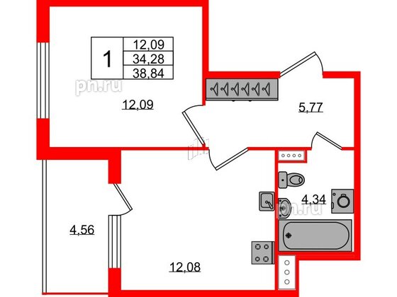 Квартира в ЖК Югтаун, 1 комнатная, 34.28 м², 2 этаж