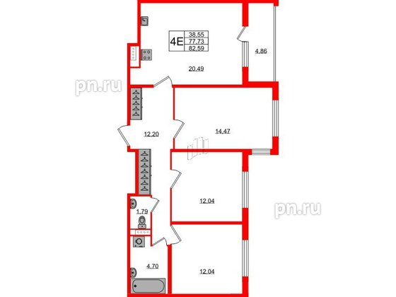 Квартира в ЖК Югтаун, 3 комнатная, 77.73 м², 1 этаж