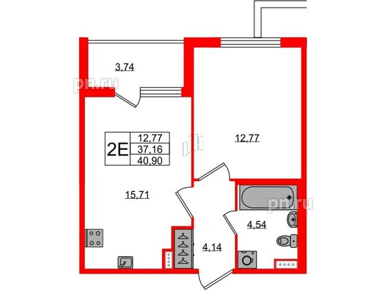 Квартира в ЖК Югтаун, 1 комнатная, 37.16 м², 1 этаж