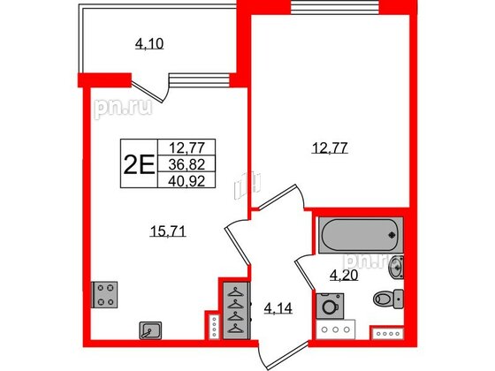 Квартира в ЖК Югтаун, 1 комнатная, 36.82 м², 2 этаж