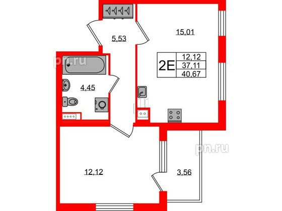 Квартира в ЖК Югтаун, 1 комнатная, 37.11 м², 1 этаж