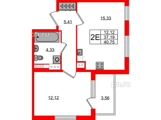 Квартира в ЖК Югтаун, 1 комнатная, 37.19 м², 3 этаж