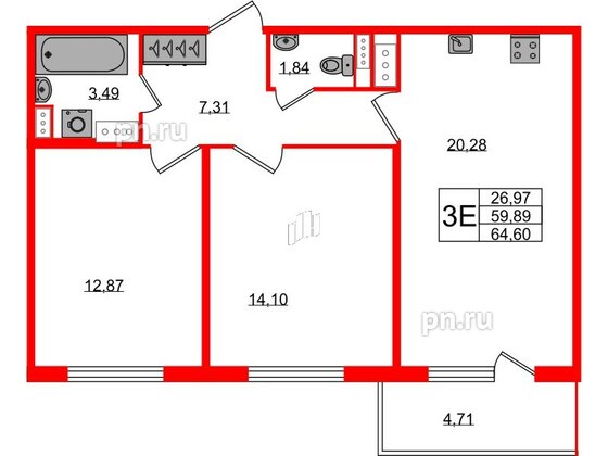 Квартира в ЖК Югтаун, 2 комнатная, 59.89 м², 2 этаж