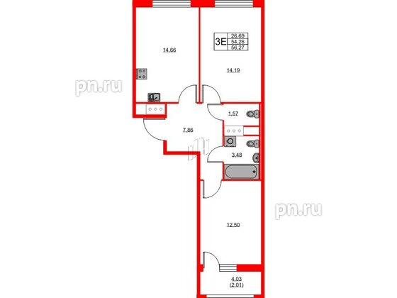 Квартира в ЖК UP-квартал Новый Московский, 2 комнатная, 56.27 м², 5 этаж