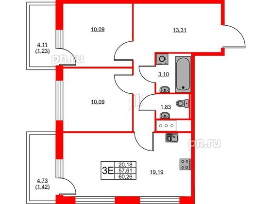 Квартира в ЖК UP-квартал Новый Московский, 2 комнатная, 60.26 м², 3 этаж