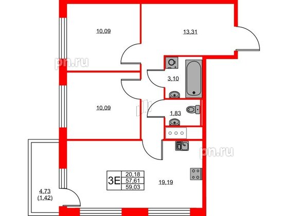 Квартира в ЖК UP-квартал Новый Московский, 2 комнатная, 59.03 м², 7 этаж