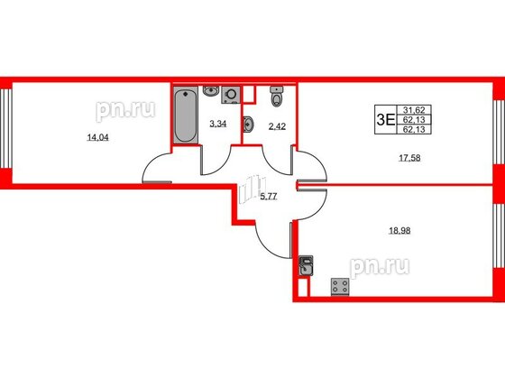 Квартира в ЖК UP-квартал Новый Московский, 2 комнатная, 62.13 м², 2 этаж