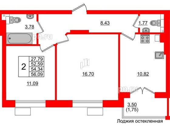 Квартира в ЖК Lake City-10, 2 комнатная, 54.34 м², 1 этаж