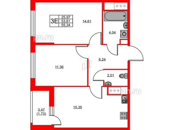 Квартира в ЖК UP-квартал Новый Московский, 2 комнатная, 55.34 м², 9 этаж