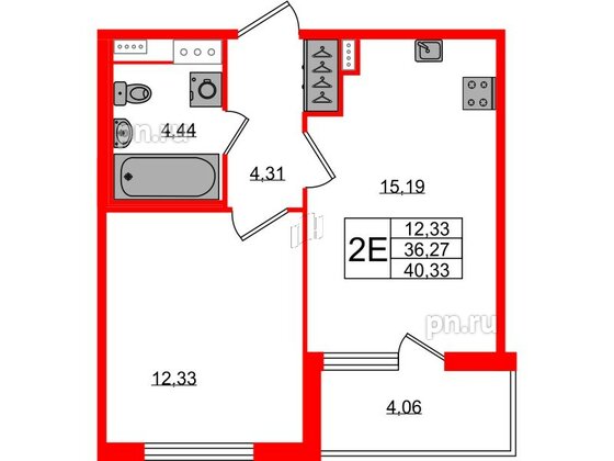 Квартира в ЖК Югтаун, 1 комнатная, 36.27 м², 3 этаж